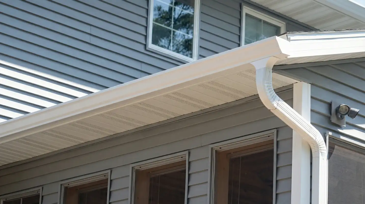 Professional home remodeling project showing newly installed white seamless gutters and downspouts on a house with gray siding in Savannah, GA