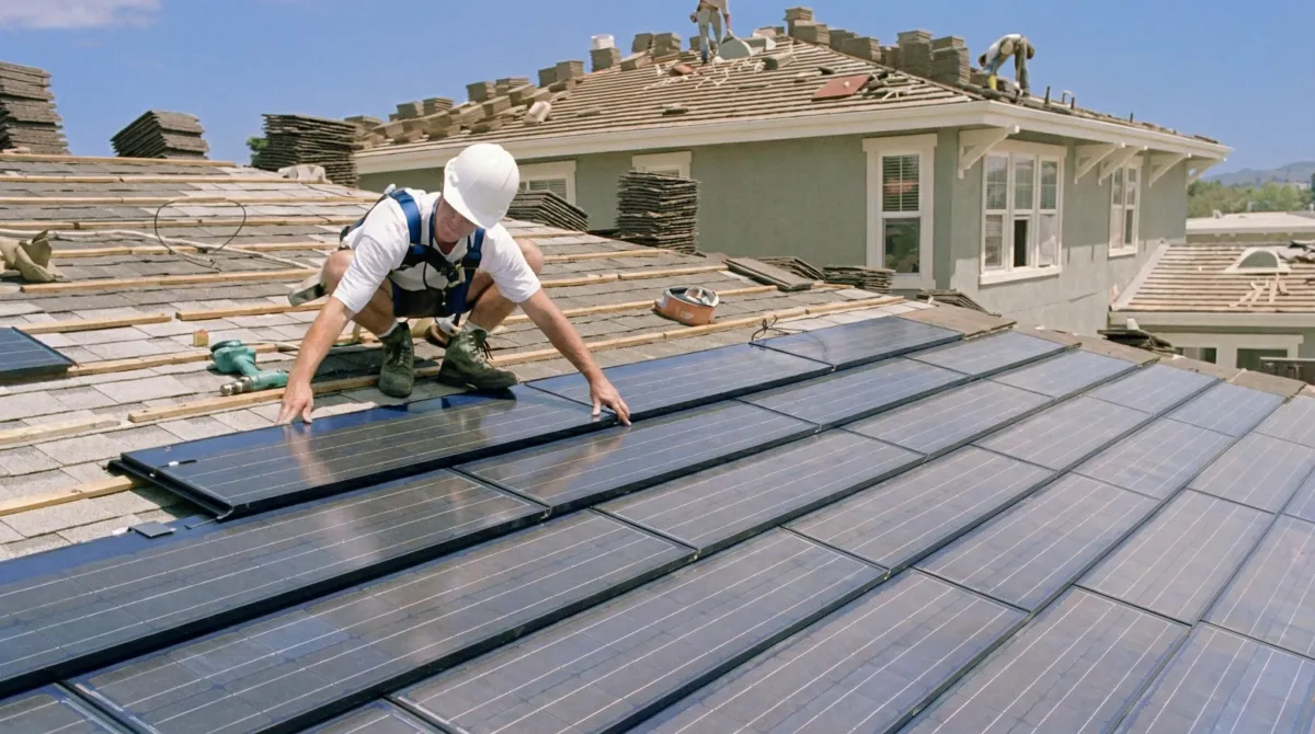 Roof replacement expert installing modern solar shingles on a residential home in Savannah, GA