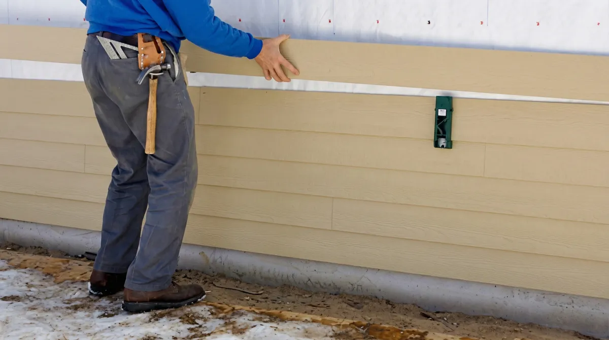 Siding replacement expert carefully aligning a new tan siding panel onto a residential exterior wall in Savannah, GA