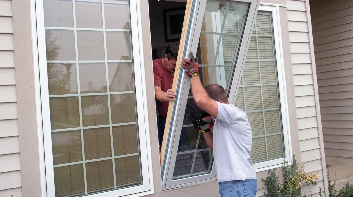 Professional home remodeling team installing a large replacement window on a house with tan siding in Savannah, GA